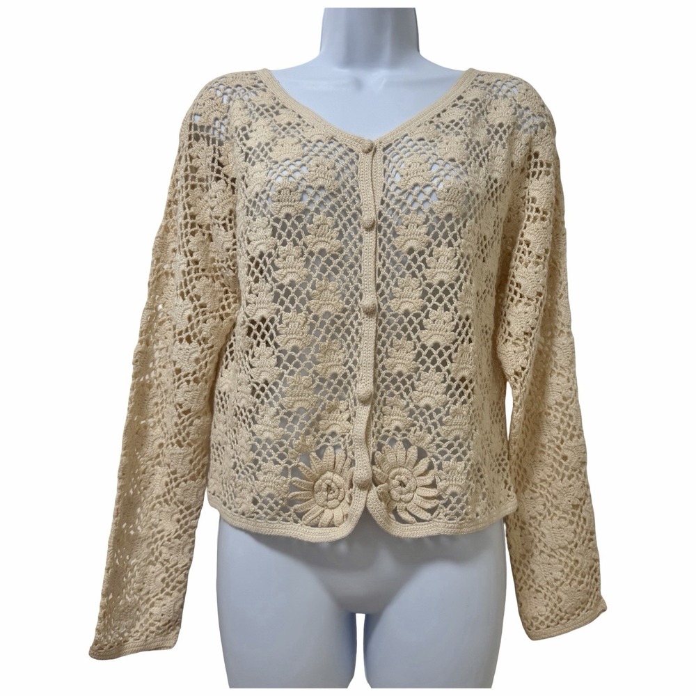 Vintage Paul Et Duffier Crochet Open Knit Cardigan Size 2 Fairy Cottagecore Y2K